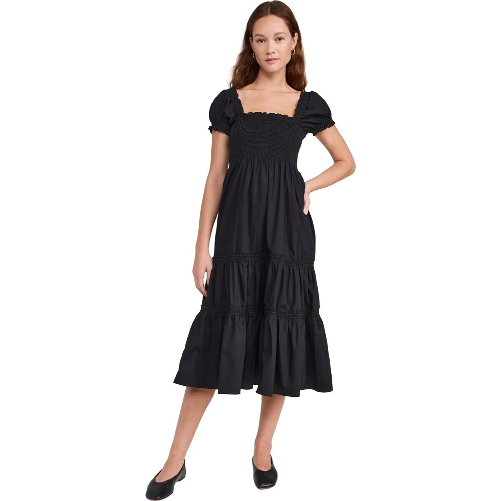 Black Smocked Square-Neck Midi Dress